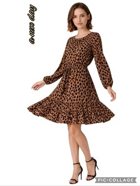 A New Day leopard print dress long sleeve tie waist tan/black elastic cuffs nwt